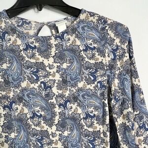 H&M Womens Size 6 Blue Paisley‎ Shift Dress 3/4 Sleeve Keyhole Back VGC